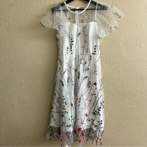 White Floral Embroidered Mesh Midi Dress Pit to pit 17", length 44"
